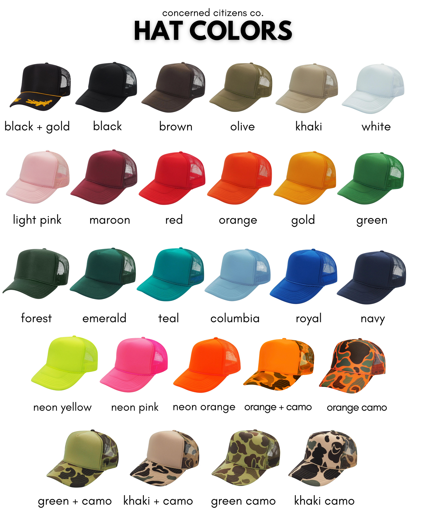 A collection of trucker hats in various colors, with names like Black, Gold, Red, Orange, Green, and Camo displayed at the bottom.