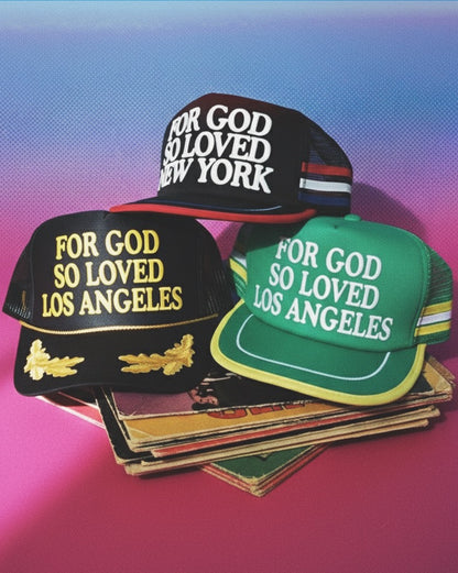 Three hats with 'For God So Loved' text on a colorful background