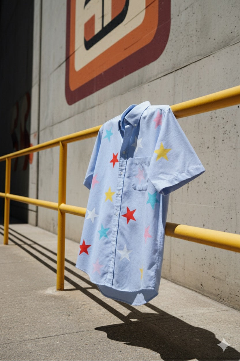 Light blue shirt with colorful star patterns hanging on a yellow railing against a concrete wall.
